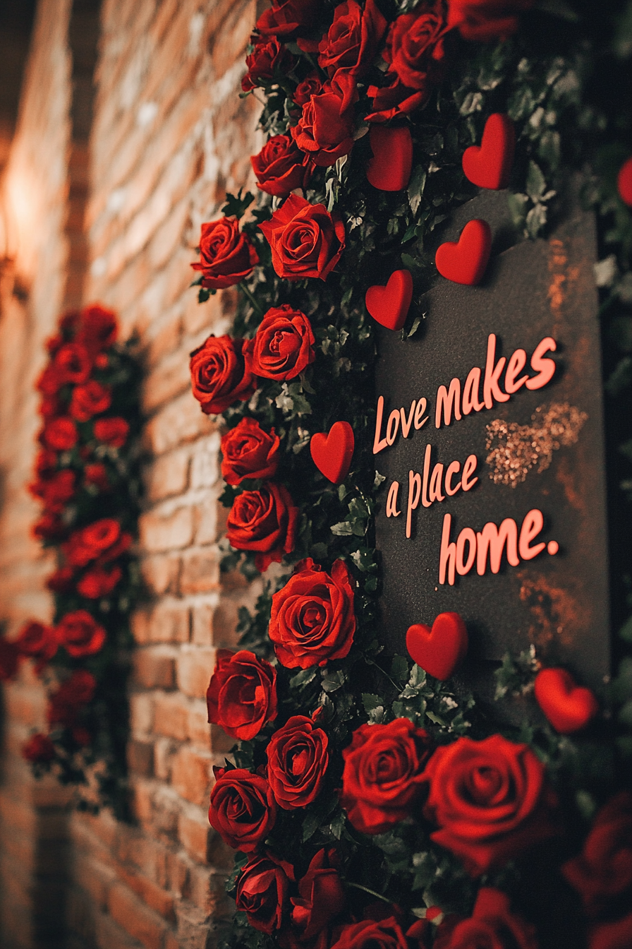 Canvas wanddecoratie van een bordje waar op staat " Love makes a place home " en omring door rozen.