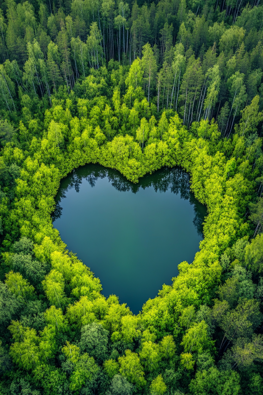 Dibond schilderij van een omgeving met bomen met daarin een plas water in een vorm van een hart.