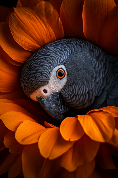 Plexiglas wanddecoratie van een vogel met oranje achtergrond 