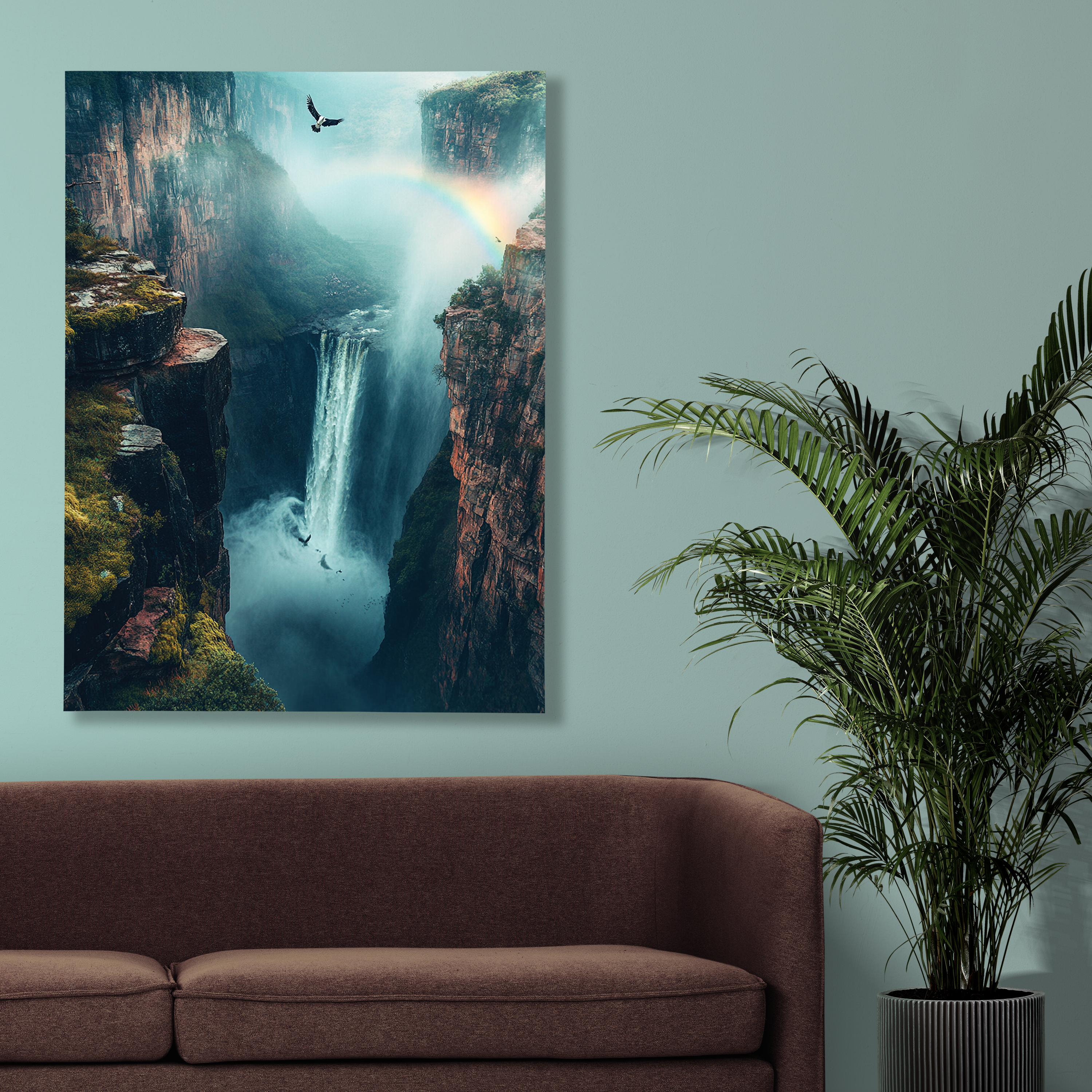 Wanddecoratie dibond met een waterval omgeven door nevel, een sfeervolle en indrukwekkende toevoeging aan je interieur