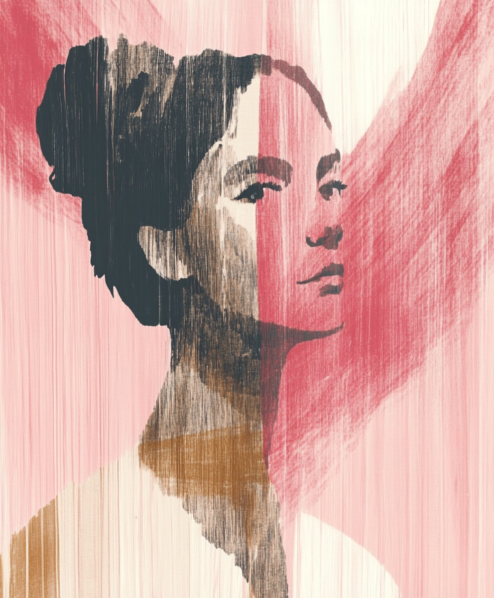 Wandkleed met een abstract portret van een vrouw in roze, zwart en beige tinten