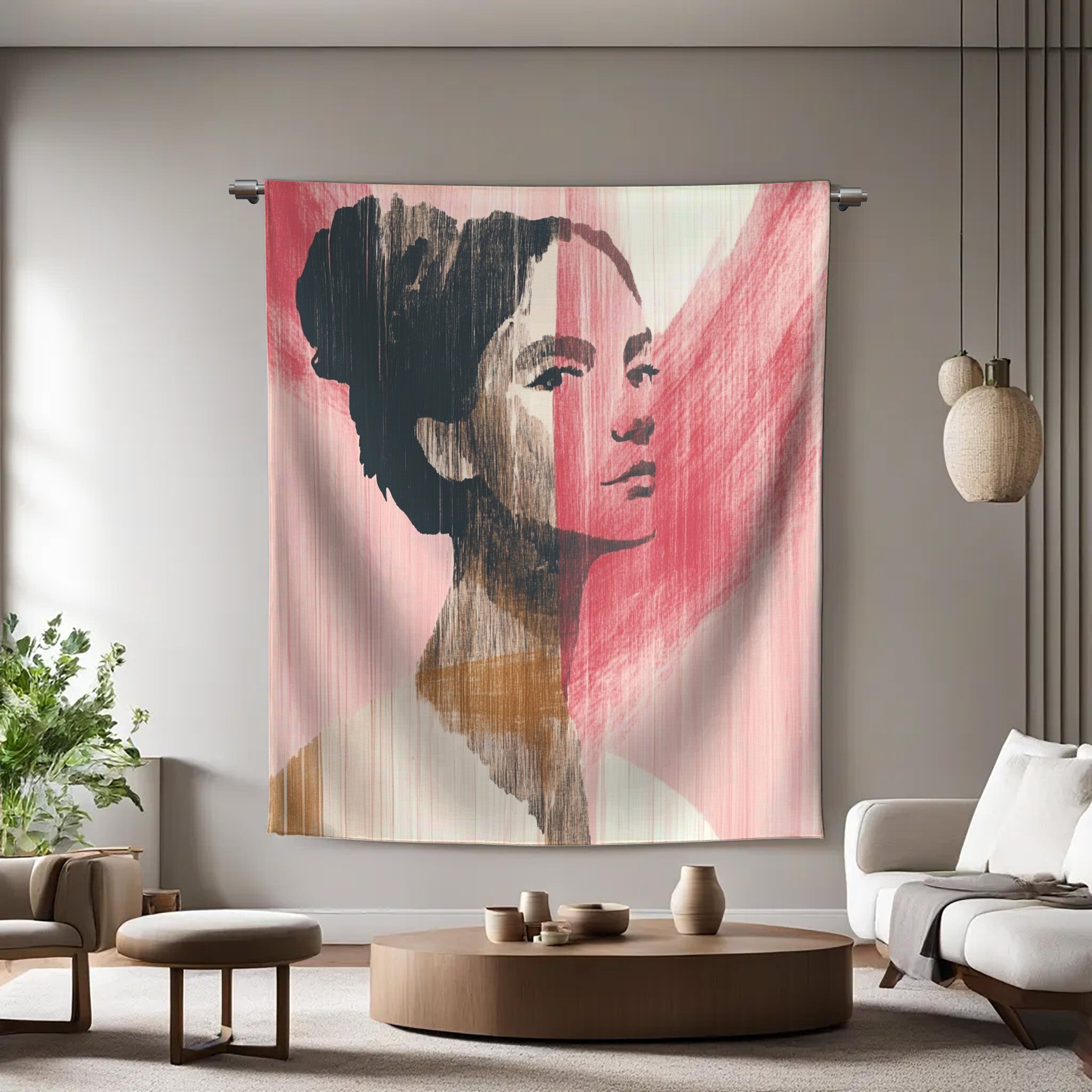 Wandkleed met een abstract portret van een vrouw in roze, zwart en beige tinten