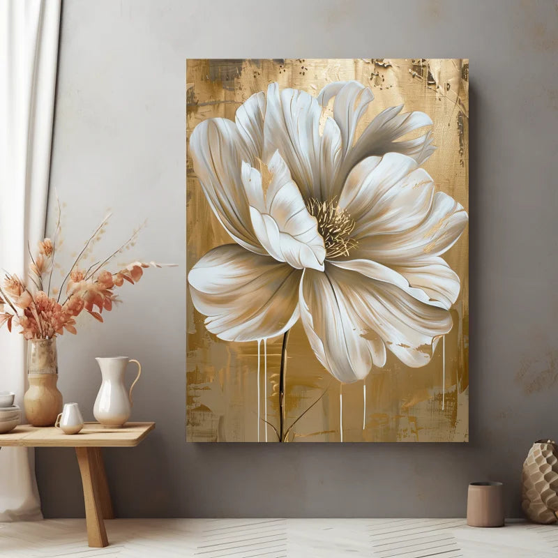 Wanddecoratie dibond met een luxe ontwerp van gouden witte  bloemen