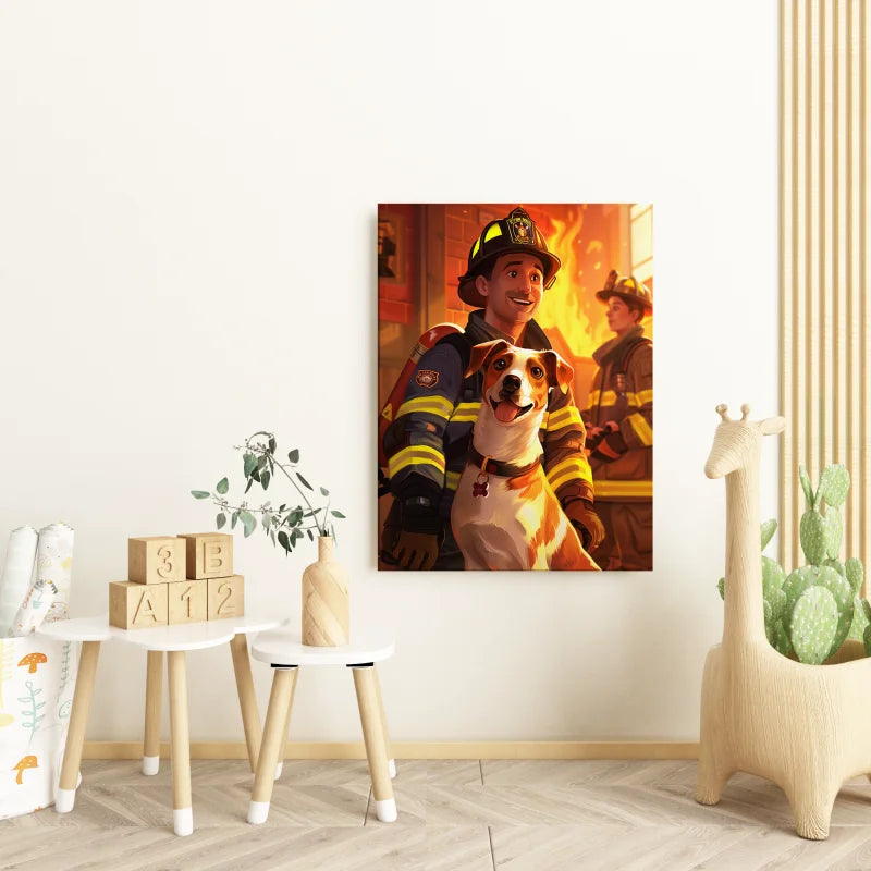 Kinderposter van een brandweerman met een hond