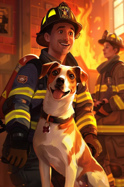 Kinderposter van een brandweerman met een hond