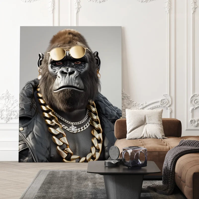 Wanddecoratie op dibond met een gorilla in een hiphopstijl.