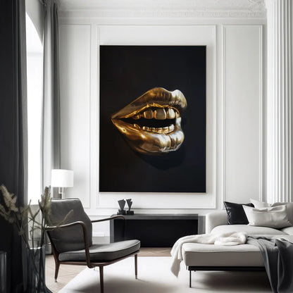 Wanddecoratie dibond met gouden lippen en vloeibaar goud