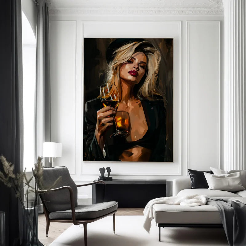 Dibond wanddecoratie met een portret van een blonde vrouw in een luxe setting