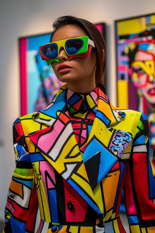 Wanddecoratie plexiglas met een kleurrijk pop-art ontwerp van een fashionista, ideaal voor een stijlvol en levendig interieur.