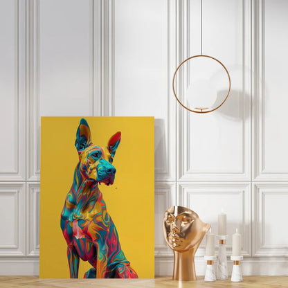 Wanddecoratie canvas met een kleurrijk pop-art ontwerp van een Doberman