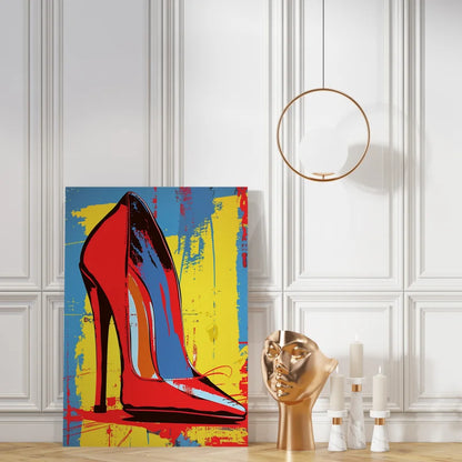 Wanddecoratie canvas met een opvallend pop-art ontwerp van een hoge hak