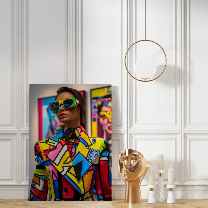 Wanddecoratie plexiglas met een kleurrijk pop-art ontwerp van een fashionista, ideaal voor een stijlvol en levendig interieur.