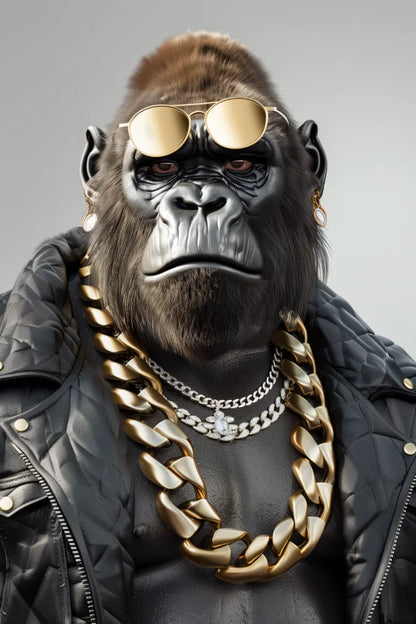 Wanddecoratie op dibond met een gorilla in een hiphopstijl.