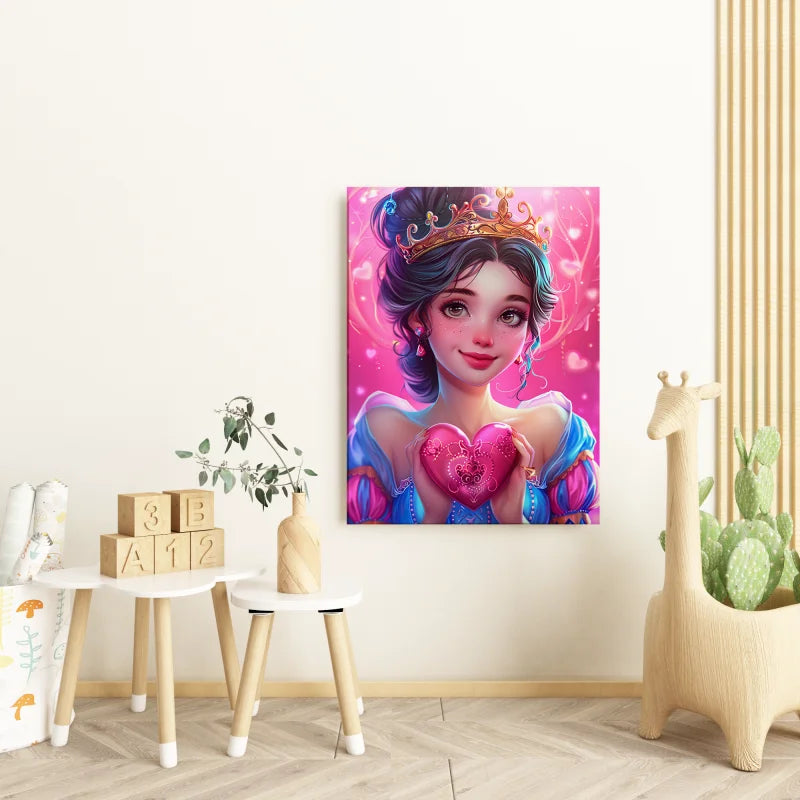 Kinderposter van prinses met kroon en roze hart.