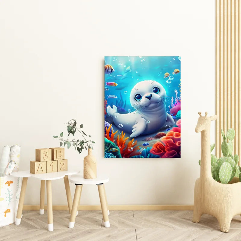 Kinderposter met een schattige blauwe ijsbeer in een magische setting