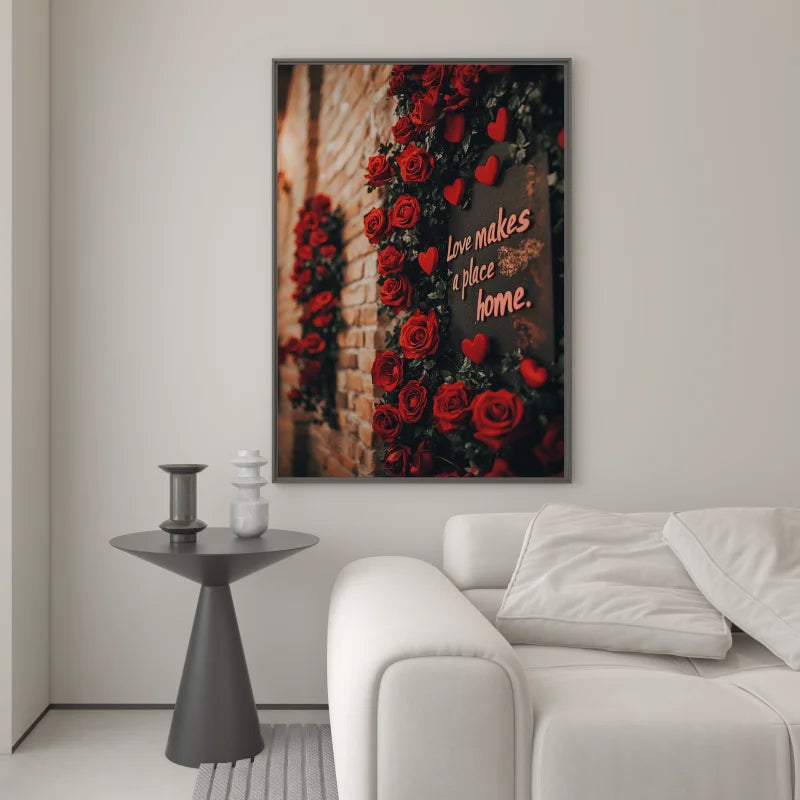 Canvas wanddecoratie van een bordje waar op staat " Love makes a place home " en omring door rozen.