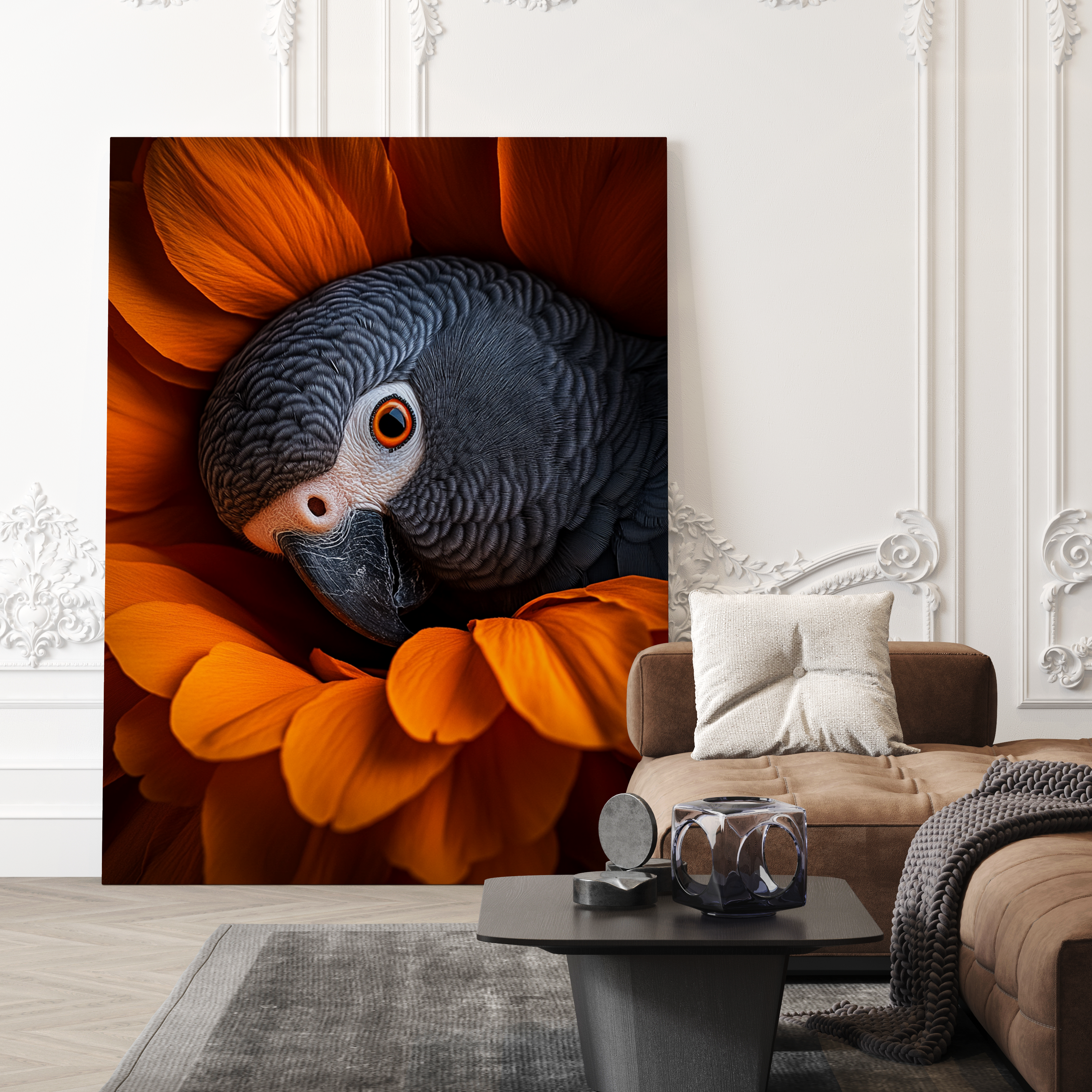 Plexiglas wanddecoratie van een vogel met oranje achtergrond 